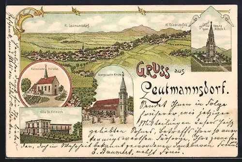 Lithographie Leutmannsdorf, Villa Dr. Fröhlich, Kath. Kirche, Evang. Kirche