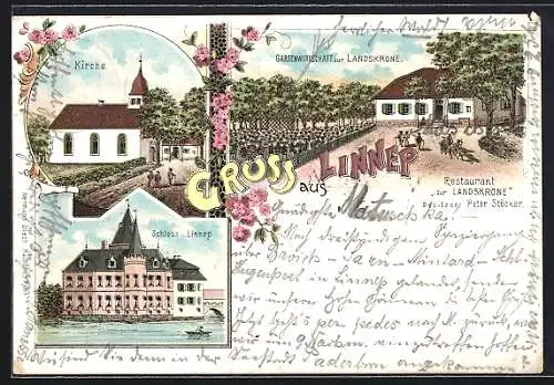 Lithographie Ratingen-Linnep, Gastwirtschaft zur Landskrone, Besitzer Peter Stöcker und Schloss Linnep