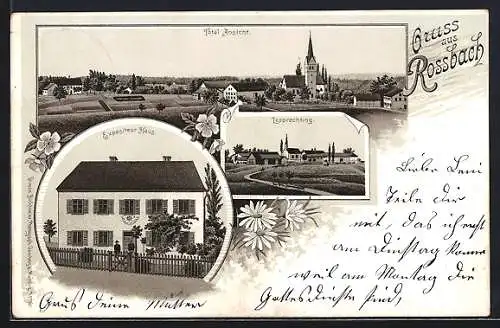 Lithographie Rossbach / Niedertaufkirchen, Expositeur Haus, Ortsansicht, Blick nach Leoprechting