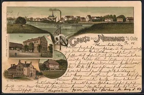 Lithographie Neuhaus a. d. Oste, Totalansicht mit Post und Gerichts-Gebäude