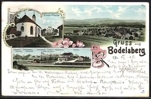 Lithographie Bodelsberg, Kirche u. Pfarrhof, Ortsansicht aus der Vogelschau