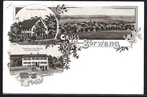 Lithographie Börwang, Gasthaus zum Rössle v. Lorenz Schmid, Forsthaus