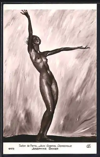 Künstler-AK Schauspielerin Josephine Baker nackt mit ausgestreckten Armen tanzend