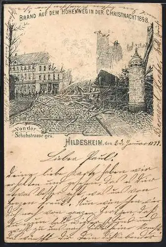 Lithographie Hildesheim, Brand auf dem Hohenweg in der Christnacht 1898, von der Schuhstrasse ges.