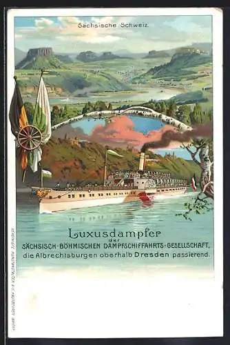 Lithographie Luxusdampfer der Säch.-Böhm. Dampfschifffahrts-Gesellschaft an der Albrechtsburg