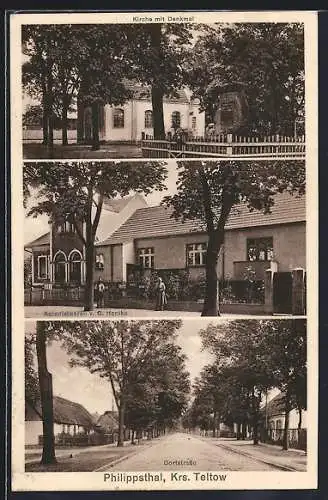 AK Philippsthal /Teltow, Kolonialwarengeschäft von G. Honika, Dorfstrasse und Kirche mit Denkmal