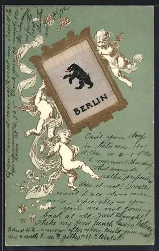 Seiden-AK Berlin, Wappen mit Berliner Bär auf Seide, Passepartout mit Engeln