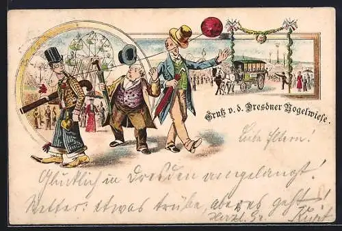 Vorläufer-Lithographie Dresden, 1895, Riesenrad und Kutsche auf der Dresdner Vogelwiese
