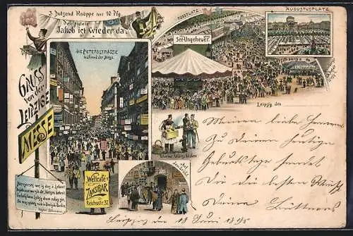 Vorläufer-Lithographie Leipzig, 1895, Die Petersstrasse während d. Leipziger Messe, Weltcafé Zansibar i. d. Reichsstrasse