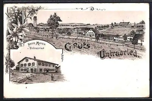 Lithographie Untrasried, Gasthaus Mayer und Ortsansicht
