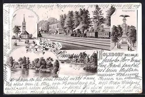 Lithographie Holzdorf /Jessen, Eisenbahn am Bahnhof, Kirche, Kriegerdenkmal