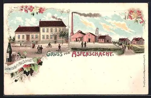 Lithographie Püttlingen, Gasthaus von Phil. Schmidt, Blick auf den Aspenschacht