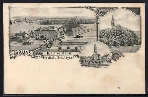 Lithographie Racherding, Gasthof v. Seb. Aigner, Margarettenberg und Kirche