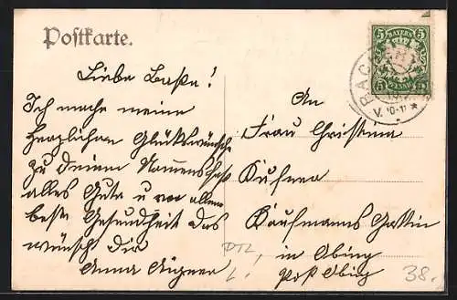 Lithographie Racherding, Gasthof v. Seb. Aigner, Margarettenberg und Kirche