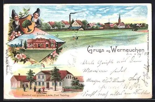 Lithographie Werneuchen, Gasthof zur grünen Linde, Bes. Carl Thürling, Bahnhof und Zwerge
