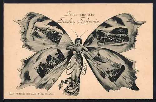 Schmetterling-AK Pirna, Gasthof zum Erbgericht und Basteibrücke, Frau mit Ansichten auf Schmetterlingsflügeln