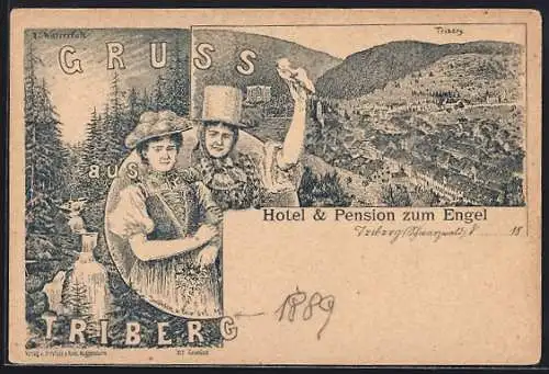Lithographie Triberg /Schwarzwald, Hotel und Pension zum Engel, Frauen in Trachten und Wasserfall
