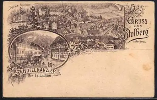 Lithographie Stolberg / Harz, Hotel Kanzler, Bes. Fr. Luckau, Jagdschloss Eichenforst