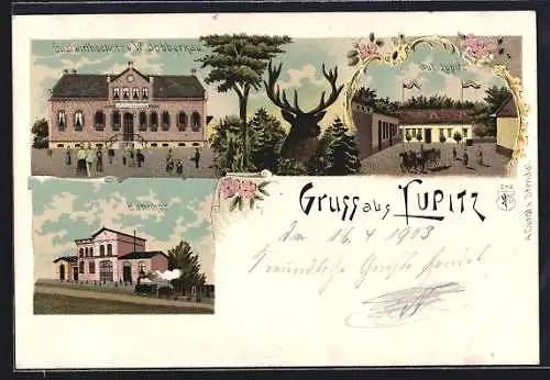 Lithographie Lupitz /Klötze, Gasthaus v. W. Dobberkau, Bahnhof und Gut