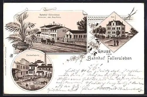 Lithographie Fallersleben, Post, Zuckerfabrik, Bahnhof mit Restaurant von Frau Witte, Eisenbahn