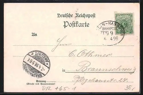 Lithographie Fallersleben, Post, Zuckerfabrik, Bahnhof mit Restaurant von Frau Witte, Eisenbahn
