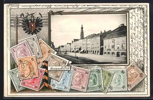 AK Braunau a. Inn, Strassenpartie, Passepartout mit Briedmarken und Wappen