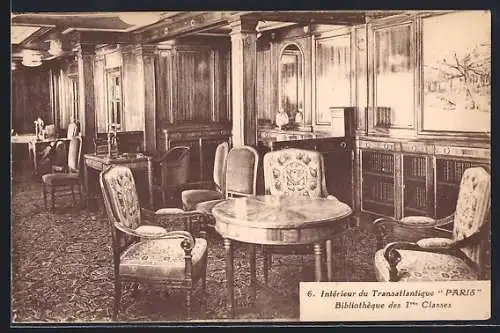 AK Intérieur du Transatlantique Paris, Bibliothèque des 1. Classes, Passagierschiff