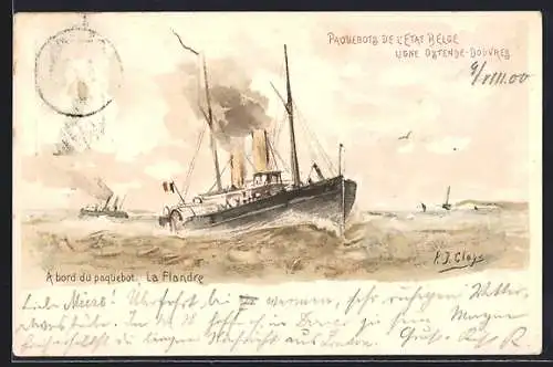 Lithographie Paquebot La Flandre auf See
