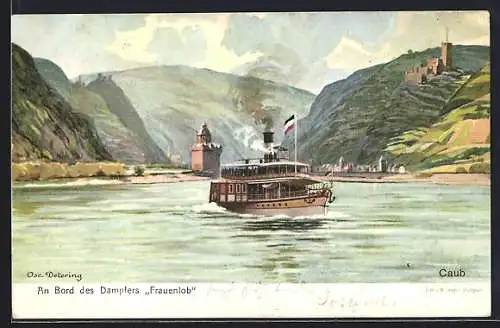 Künstler-AK Caub, Dampfer Frauenlob auf dem Rhein