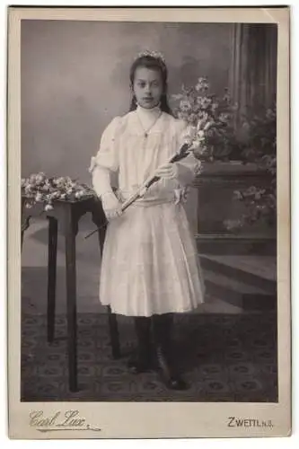 Fotografie Carl Lux, Zwettl, Mädchen mit Blumenstrauss