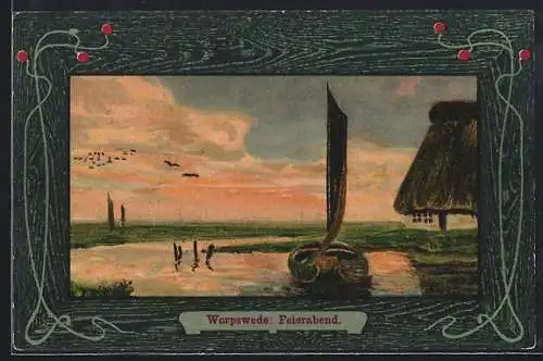 Künstler-AK Worpsweder Künstlerkolonie: Ein Boot auf einem See bei Sonnenuntergang