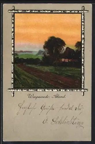 Künstler-AK Worpsweder Künstlerkolonie: Sonnenuntergang über einem Feld