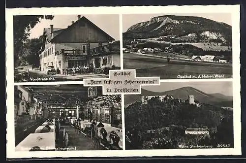 AK Dreistetten, Gasthof Zum lustigen Scherrerwirt, Speisezimmer, Ansicht mit der Hohen Wand und Ruine Starhemberg