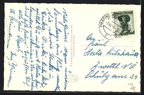 AK Dreistetten, Gasthof Zum lustigen Scherrerwirt, Speisezimmer, Ansicht mit der Hohen Wand und Ruine Starhemberg