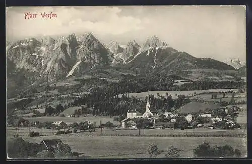 AK Pfarr Werfen, Ortsansicht mit Gipfelpanorama