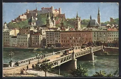 Künstler-AK Salzburg, Stadtbrücke mit der Festung
