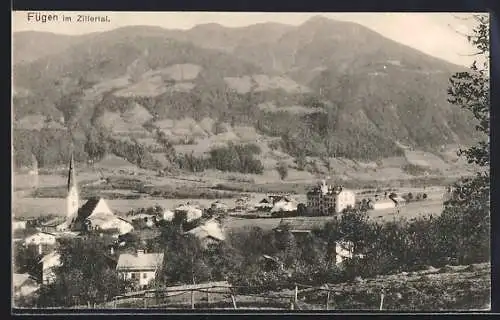 AK Fügen im Zillertal, Ortsansicht mit Bergpanorama