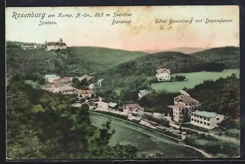 AK Rosenburg am Kamp, Gesamtansicht mit Schloss und Bahnhof aus der Vogelschau