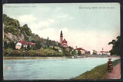 AK Salzburg, Mülln, Ortsansicht mit der Salzach