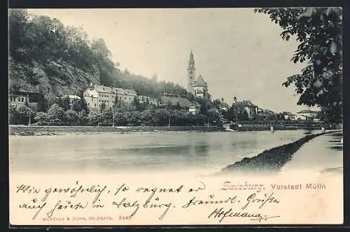 AK Salzburg, Mülln, Panorama mit Brücke von der Salzach aus