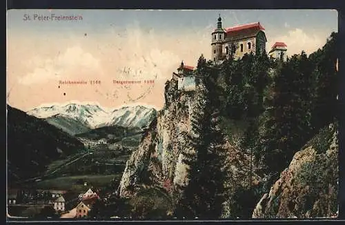 AK St. Peter-Freienstein, Panorama mit Kirche, Reichenstein und Bergermauer
