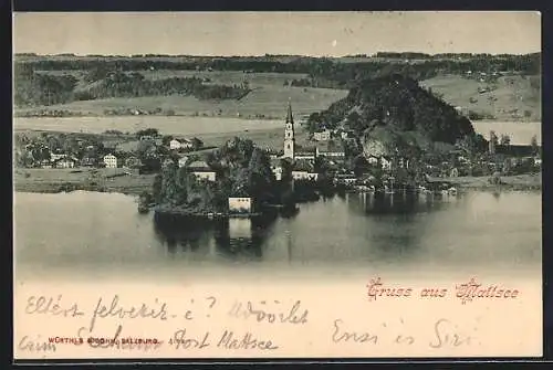 AK Mattsee, Ortsansicht mit See und Feldern