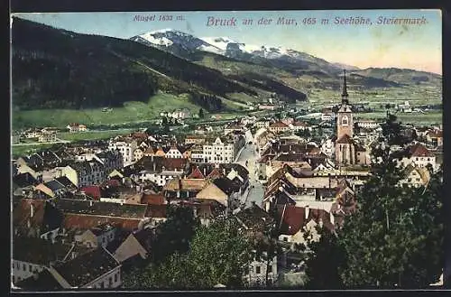 AK Bruck an der Mur, Blick zur Kirche mit einem kleinen Teil der Ortschaft und Mugel