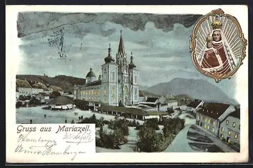 AK Mariazell, Blick zur Kirche am Abend, Gnadenbild