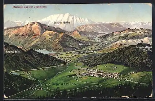 Künstler-AK Mariazell, Ortsansicht mit Bürger Alpen, Mitterbach und Rasing-Berg