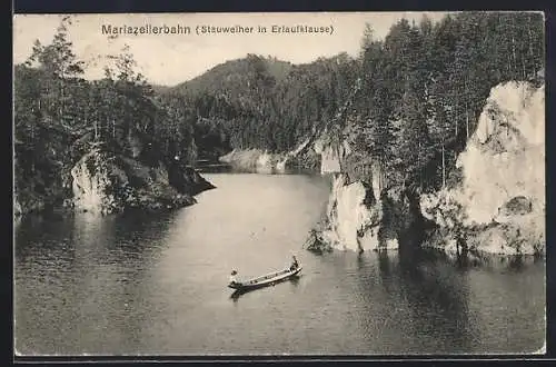 AK Mariazell, Erlaufklause an der Mariazellerbahn, Stauweiher mit Ruderboot