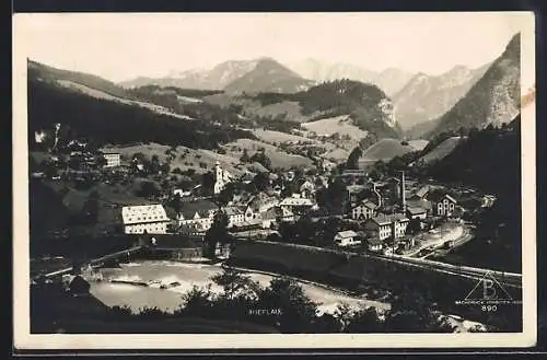 AK Hieflau, Gesamtansicht mit Brücke u. Bergpanorama