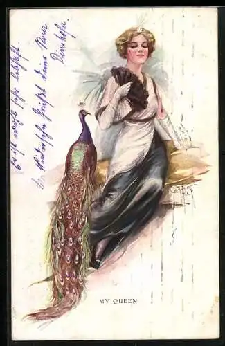 Künstler-AK Court Barber: Elegante Dame mit Pfau, My Queen