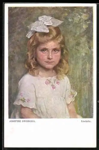 Künstler-AK sign. Josefine Swoboda: Porträt eines Mädchens mit Schleife, Liselotte
