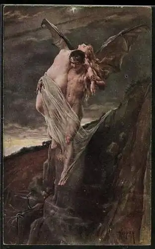Künstler-AK sign. Koppay: Das Ende, Nackter Mann trägt Frau mit Fledermausflügeln